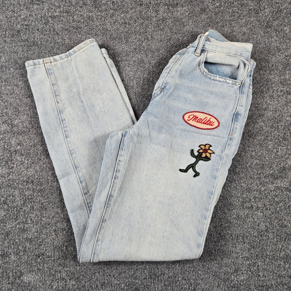 PacSun Dad Jean Womens 25 Light Wash Blue Patch Relaxed Straight Leg Denim